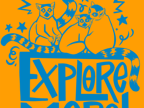 Line art images of three blue lemurs sitting together on top of the phrase "Explore More!" Blue stars, spirals, and other decorative marks surround the lemurs.