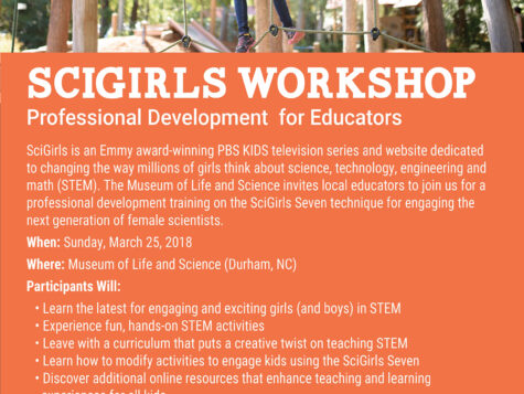 Informational flyer for a 2018 event called "SciGirls Workshop" for STEM education.